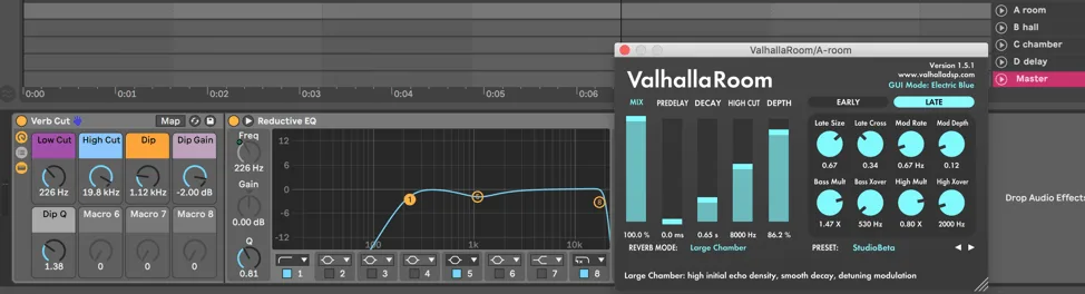 Reverb bus setup in a DAW showing return channel routing