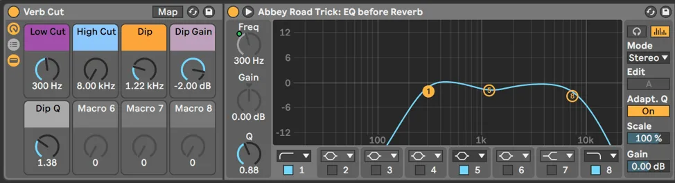 EQ curve applied to a reverb bus using the Abbey Road low-cut and high-cut technique