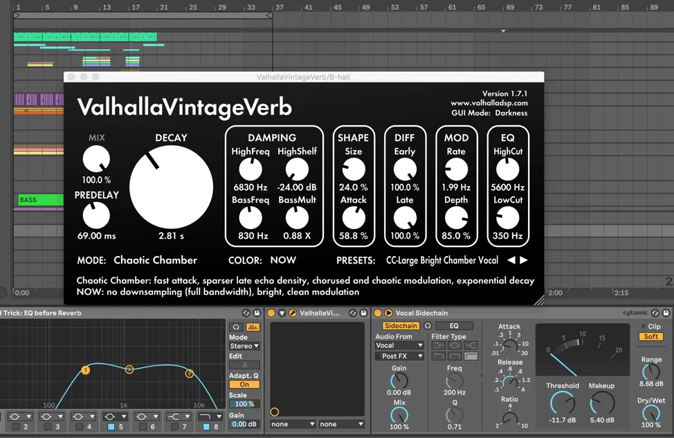 Sidechain compressor settings on a reverb bus triggered by the lead vocal