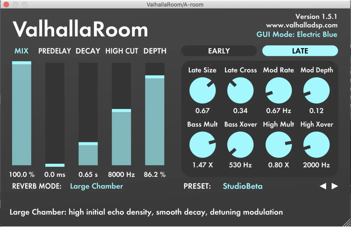 Valhalla Room reverb plugin interface showing algorithm and parameter controls