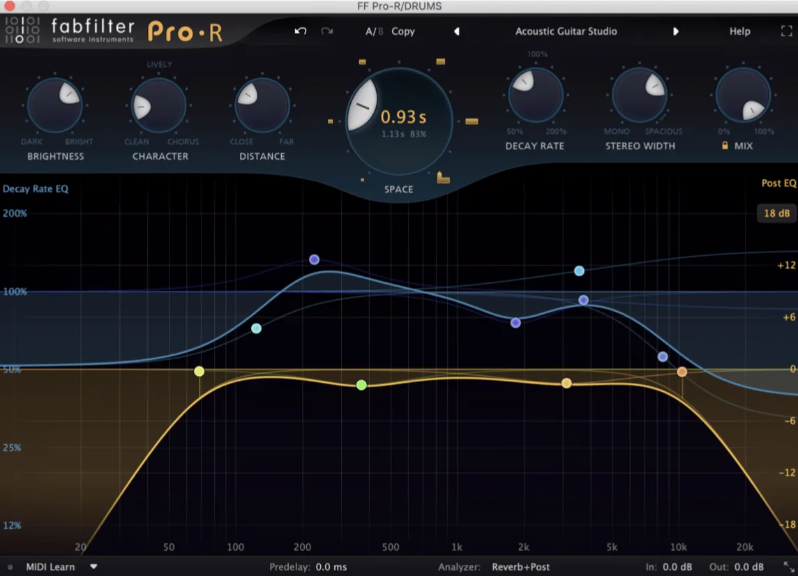 FabFilter Pro-R reverb plugin showing decay EQ and room size controls
