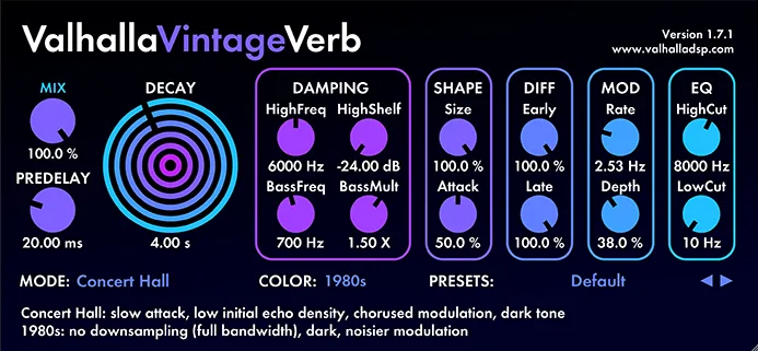 Valhalla Vintage Verb reverb plugin interface showing color mode and algorithm selection