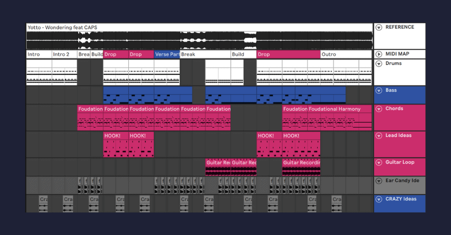 Song arrangement view showing a full structure with intro, build, drop, and outro sections