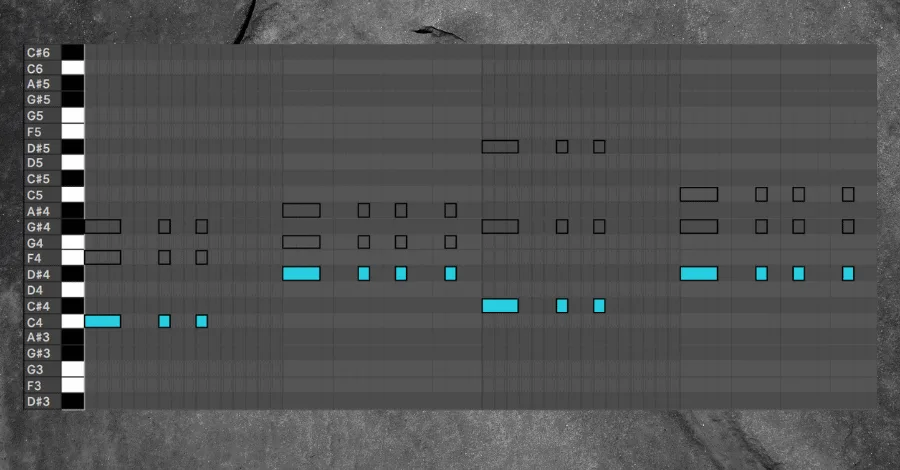 Bass layer showing chord notes dropped 1-3 octaves with a bass patch for low-end body