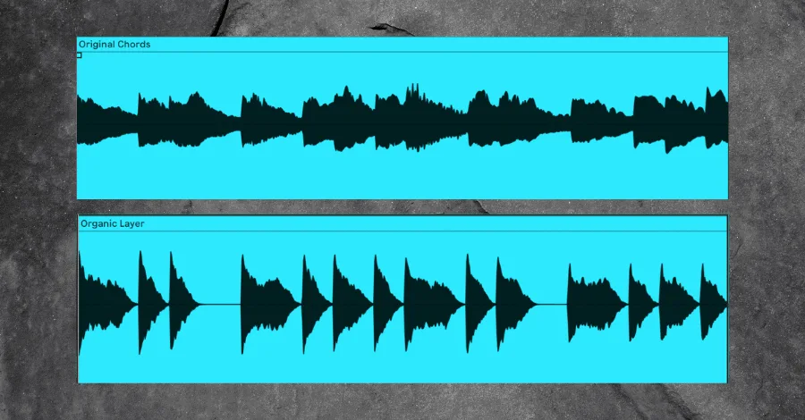Acoustic instrument layer showing a piano or strings blended with a synth chord progression