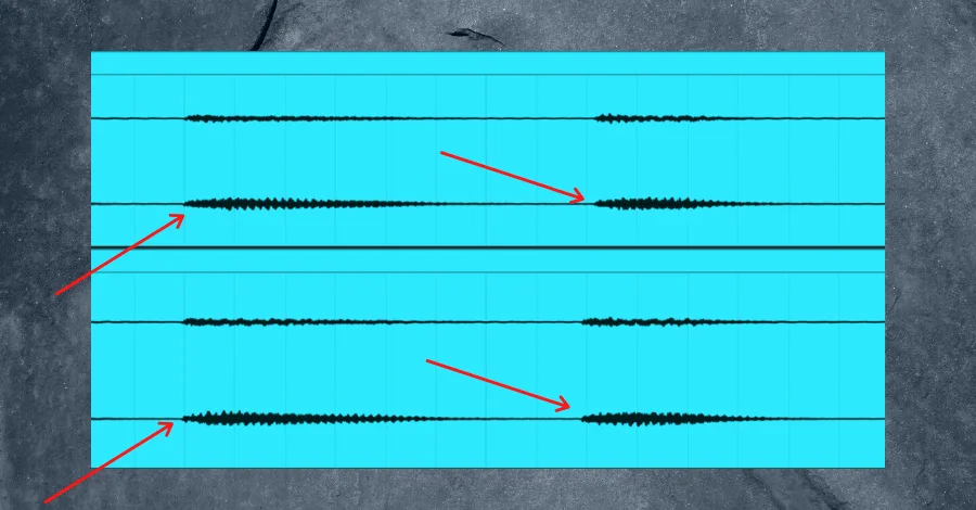 Close-up of two acoustic takes showing subtle timing and transient differences that create width when combined