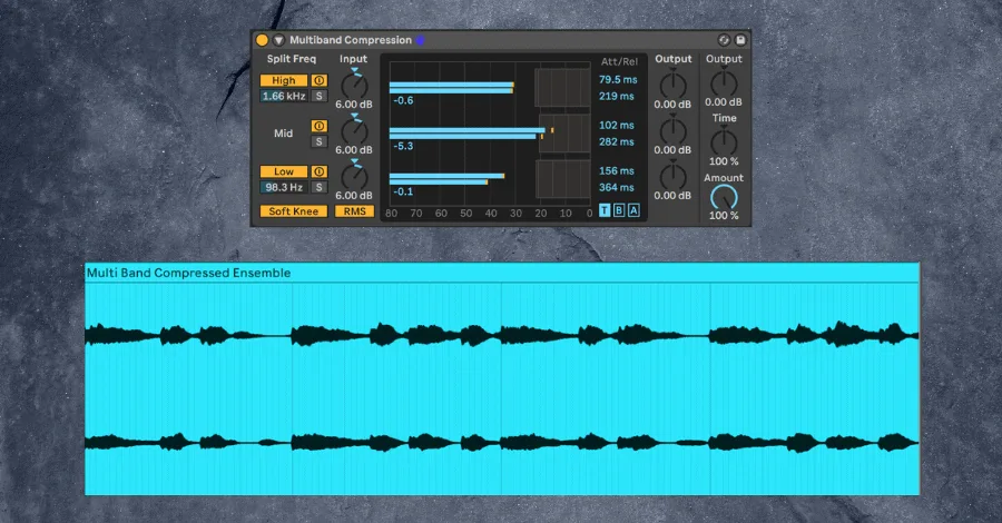 Multiband compression applied to a layers bus showing separate bands controlled for the full chord stack