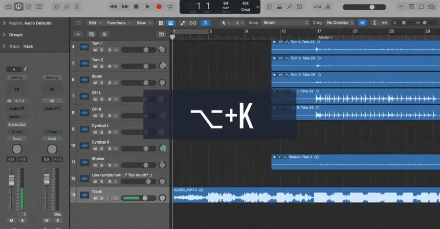 Logic Pro key commands window showing the full shortcut library
