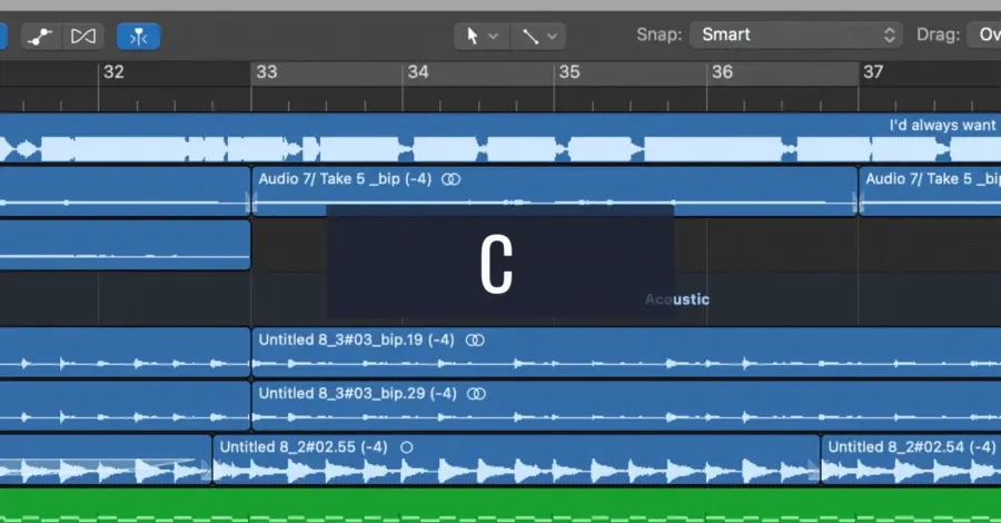 Logic Pro cycle mode being toggled on to loop a section of the project