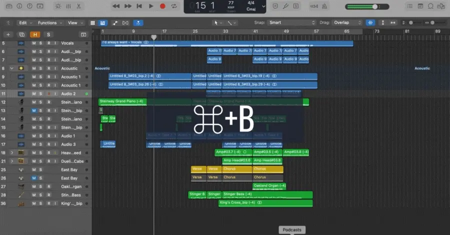 Logic Pro bounce session dialog opening with the Command+B shortcut