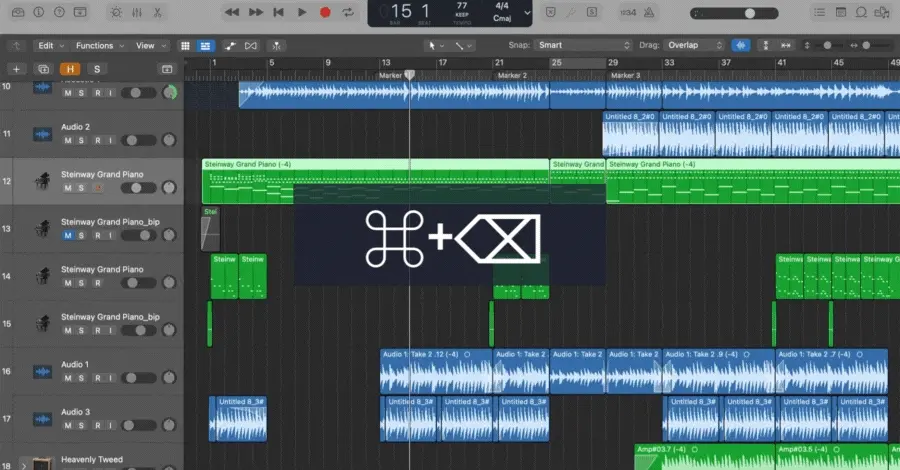 Logic Pro delete track command removing a selected track from the session