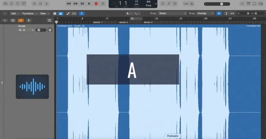 Logic Pro automation view toggling on to reveal automation lanes for all tracks