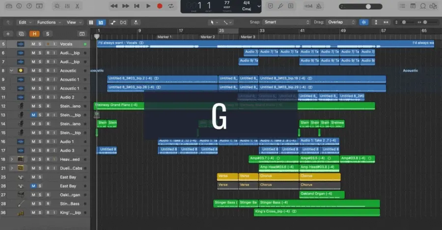 Logic Pro global track lanes opening to show arrangement, markers, tempo, and time signature lanes