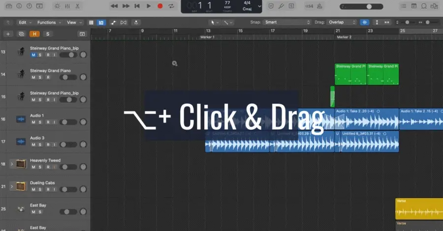 Logic Pro zoom tool being used by holding Option and dragging to zoom into a section
