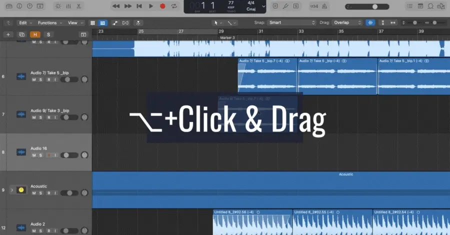 Logic Pro copy and paste being performed by holding Option and dragging a region to duplicate it