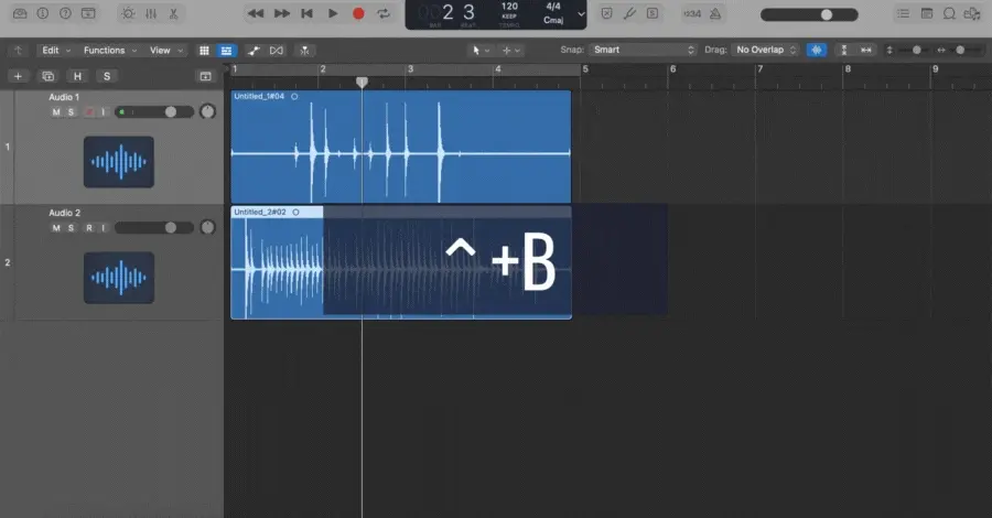 Logic Pro bounce in place dialog rendering a single track with its current plugin settings