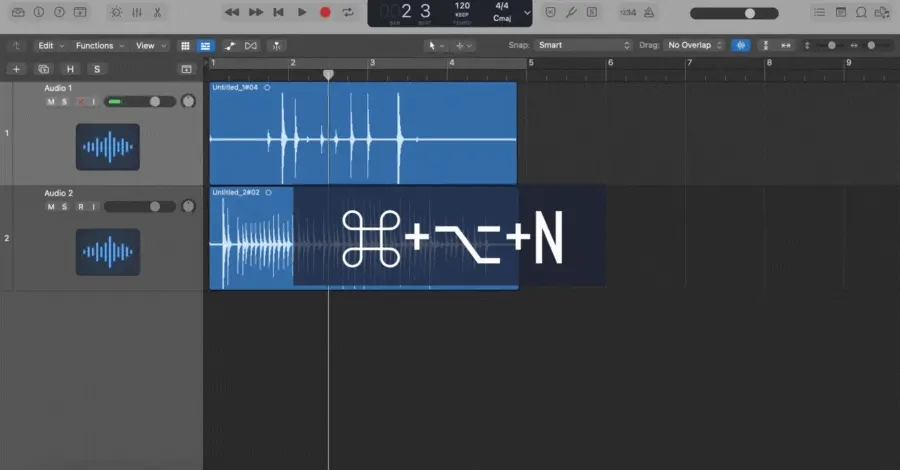 Logic Pro new track dialog opening with the Command+Option+N shortcut