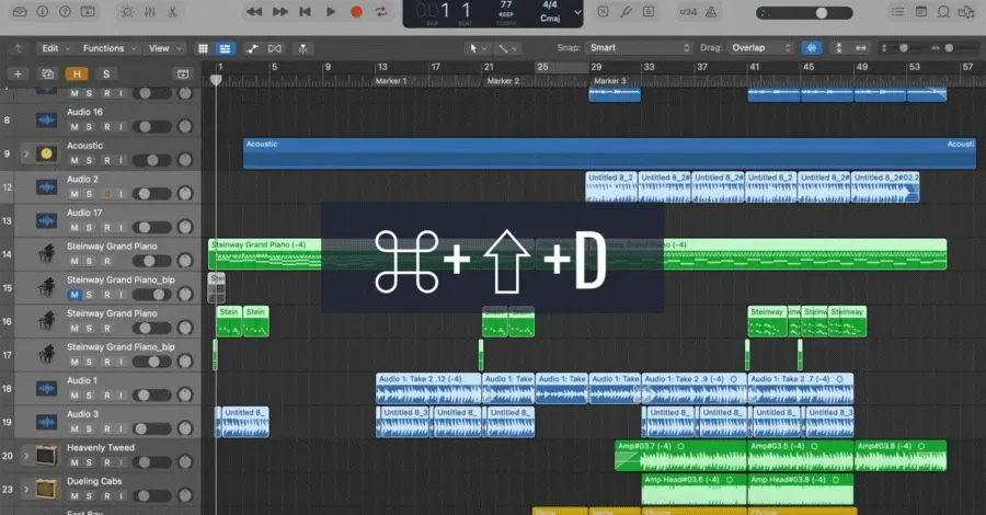 Logic Pro track stack being created by selecting multiple tracks and pressing Command+Shift+D