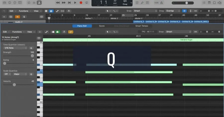 Logic Pro quantize function snapping MIDI notes to the nearest beat grid position