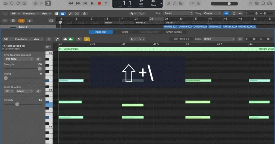 Logic Pro MIDI notes being stretched to connect to the following note using Shift+Backslash