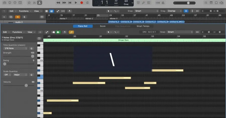 Logic Pro overlapping MIDI notes being cleaned up with the backslash key command