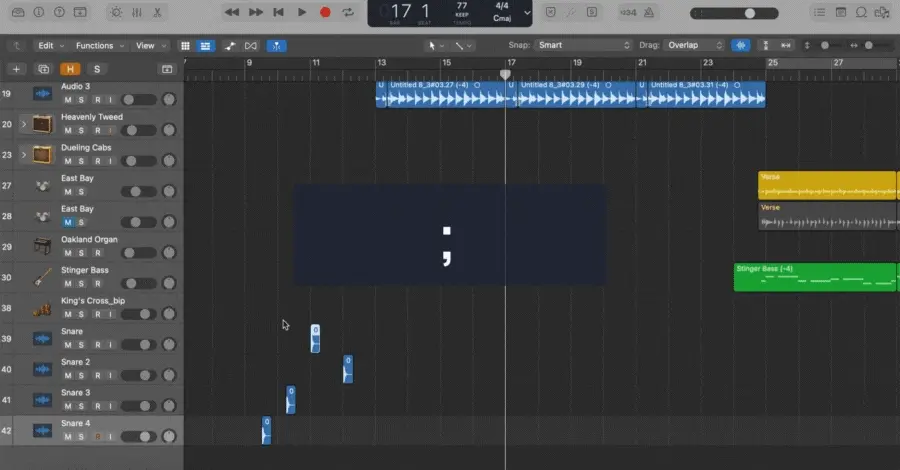 Logic Pro region snapping to the playhead position using the semicolon key