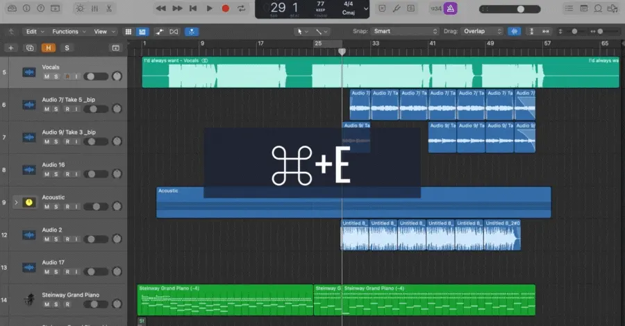 Logic Pro export tracks dialog opening to allow selection of specific tracks or stems to bounce