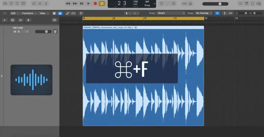 Logic Pro flex time being toggled on to show individual audio transients for timing adjustment