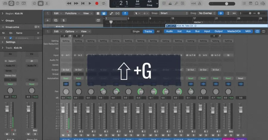 Logic Pro groups being enabled and disabled to allow simultaneous editing of multiple tracks