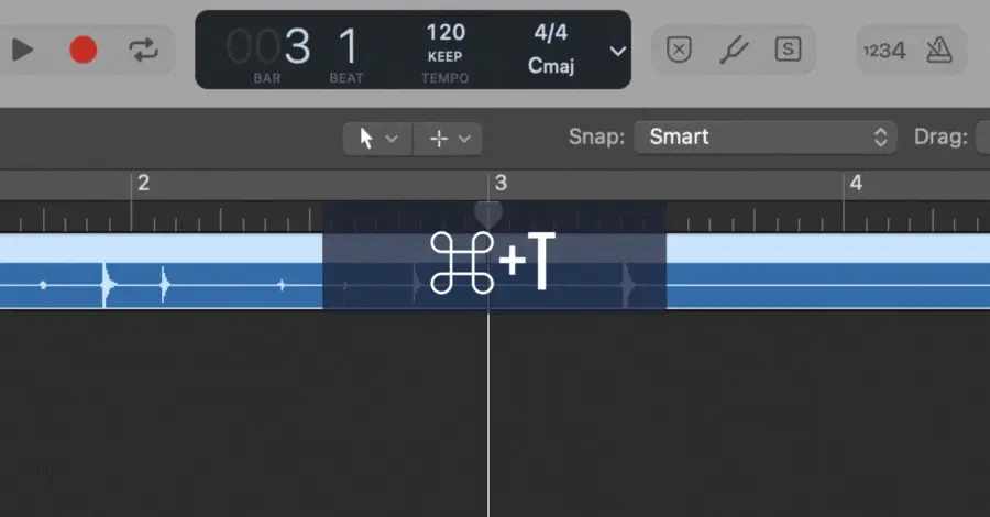 Logic Pro trim tool splitting a region at the playhead position