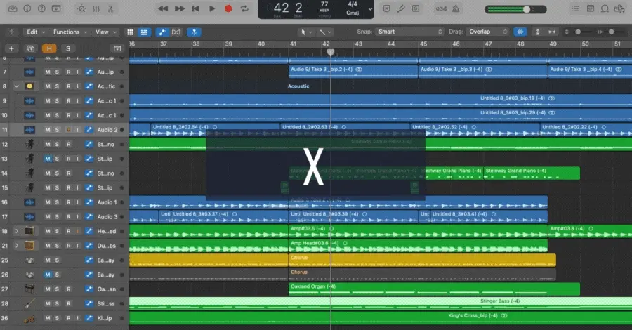 Logic Pro mixer window toggling open and closed with the X key