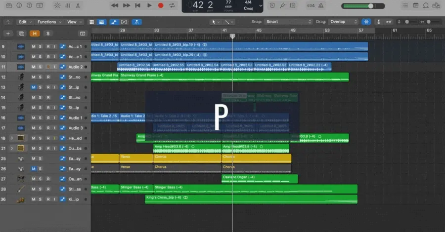 Logic Pro piano roll opening and closing with the P key shortcut