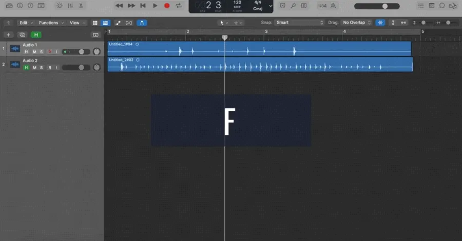 Logic Pro audio file browser toggling open to show available audio files