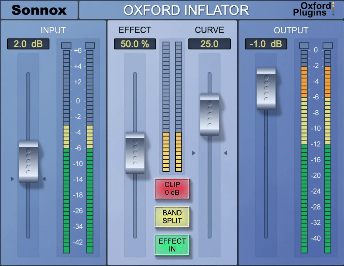Sonnox Oxford Inflator plugin interface with the Effect knob turned up for perceived loudness boost