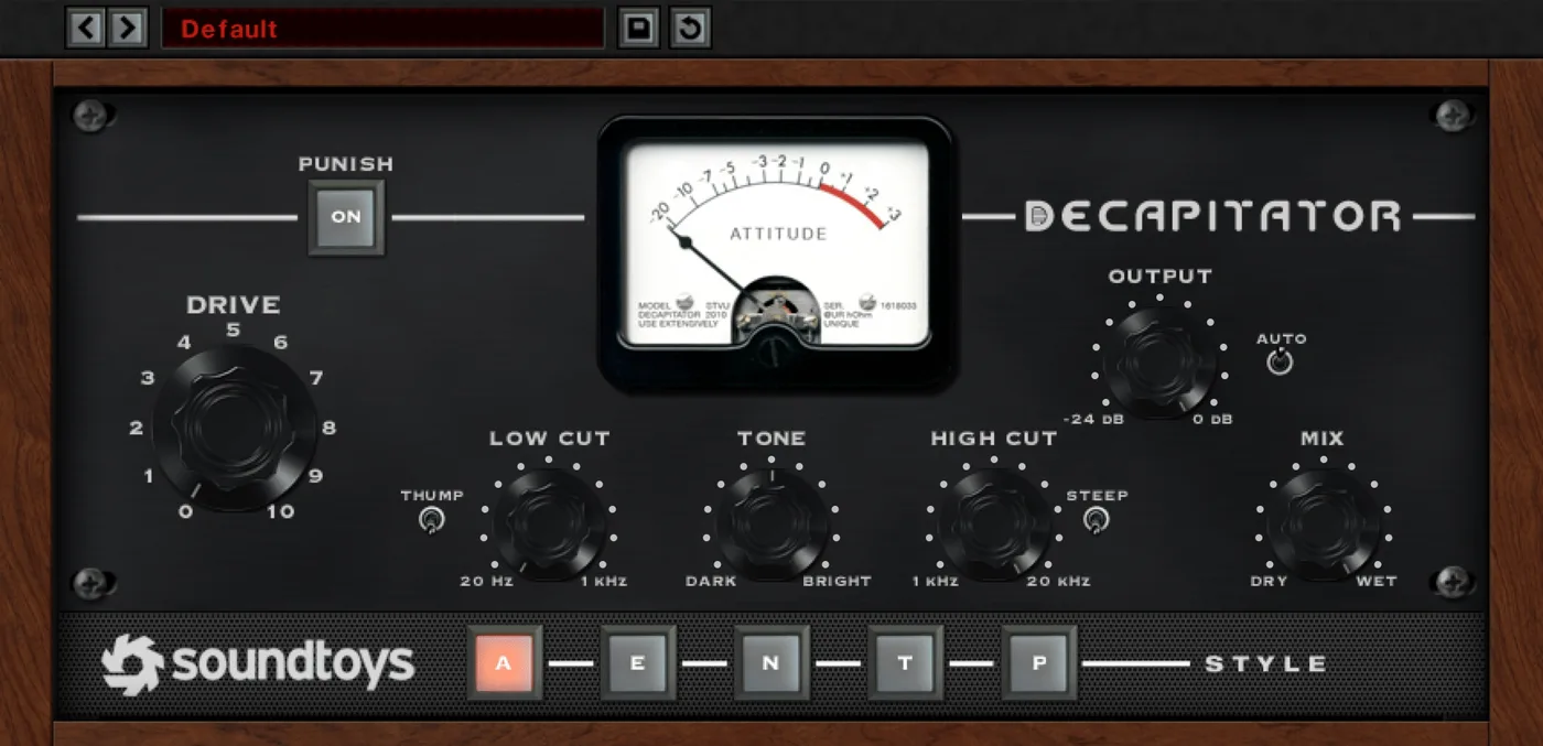 SoundToys Decapitator saturation plugin interface showing the Drive and Mode controls