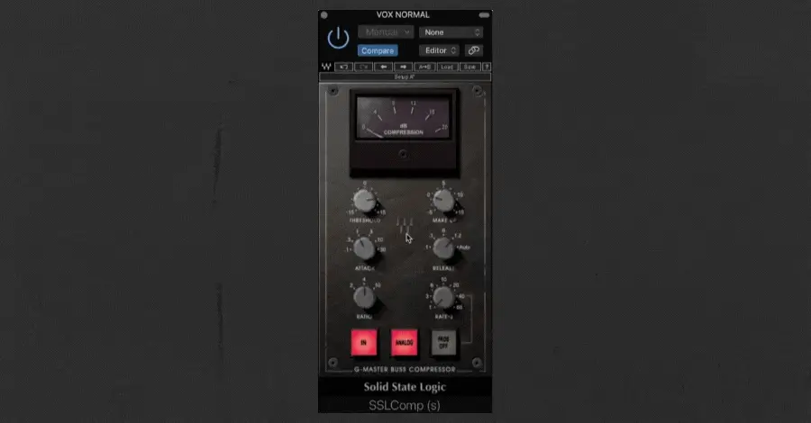 Makeup gain applied on a compressor to compensate for gain reduction and hear the true plugin effect