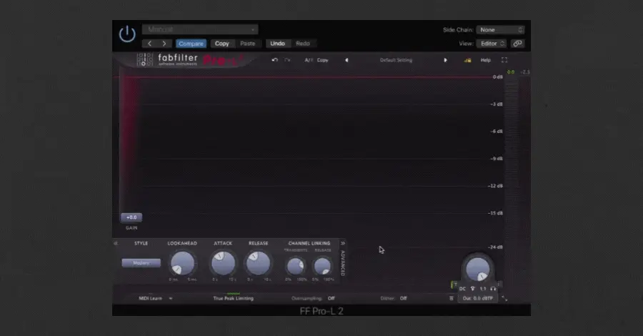 Limiter plugin on a vocal bus catching transient peaks at 2-3dB gain reduction