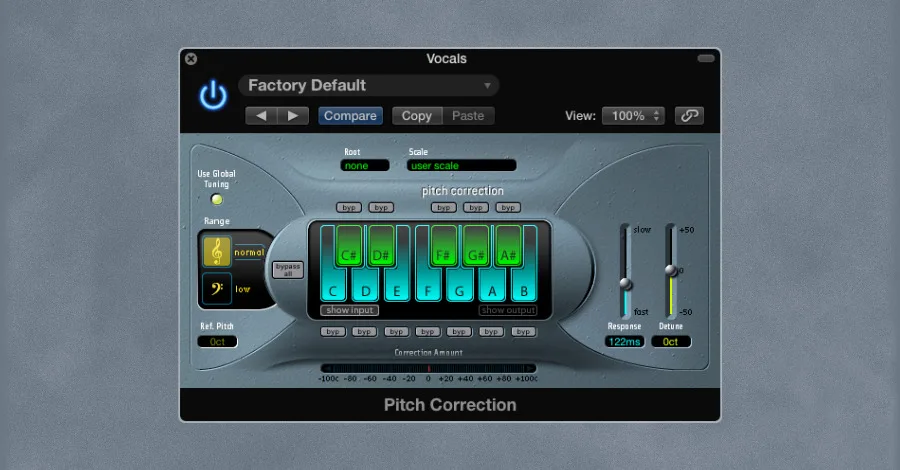 Logic Pro native pitch correction tool settings panel