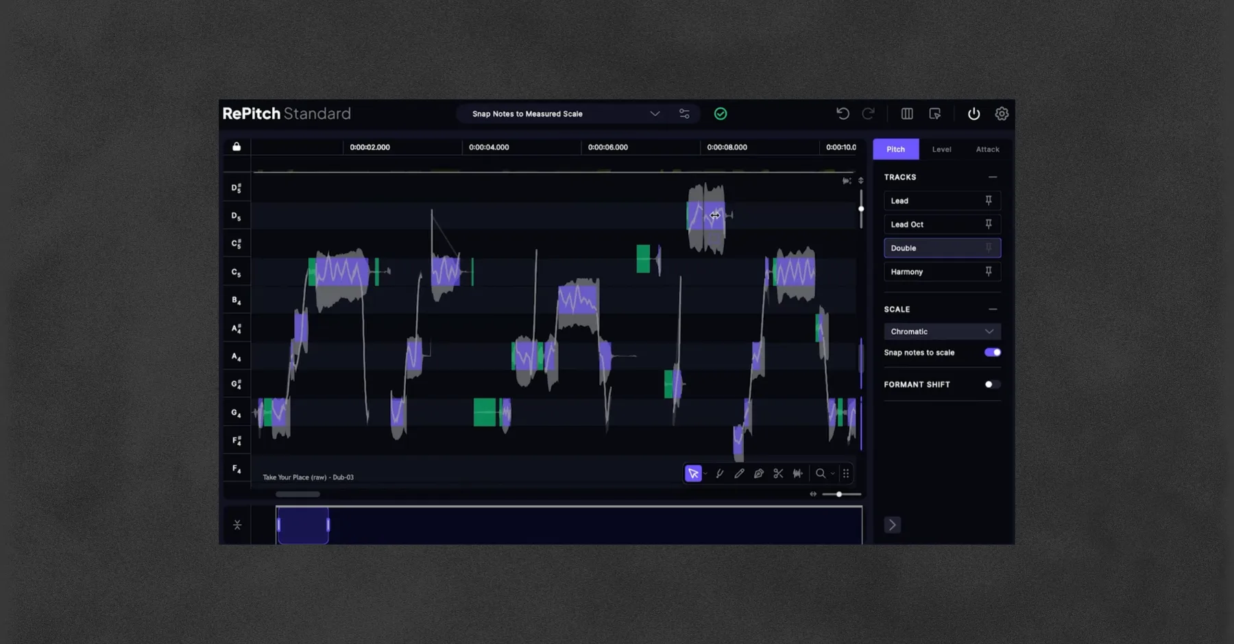 Synchro Arts RePitch pitch correction plugin showing note-by-note editing across multiple vocal tracks