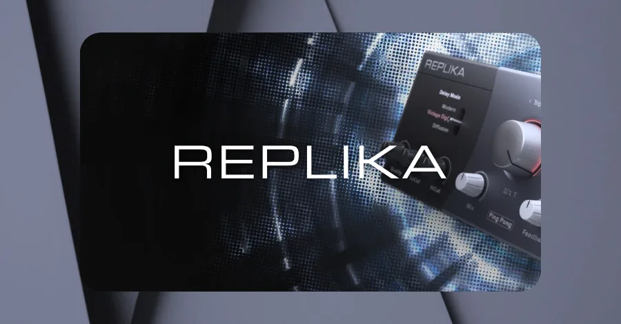 Replika delay plugin interface showing the three algorithm modes: Modern, Vintage, and Diffusion