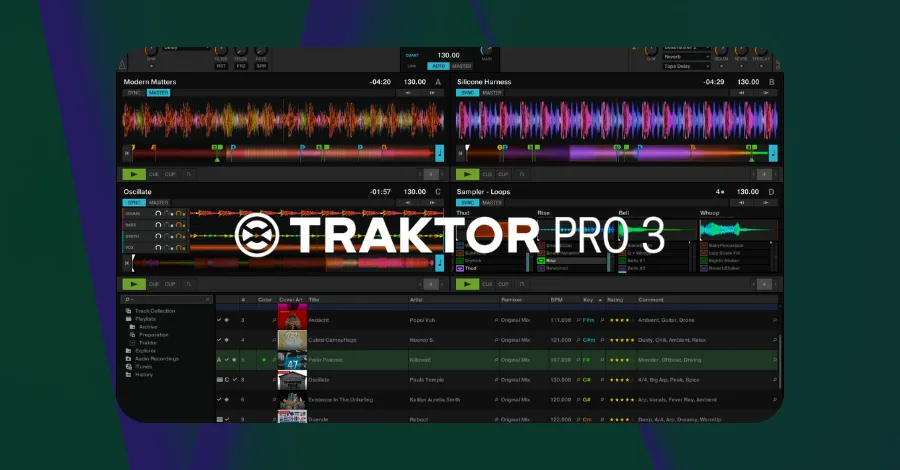 Traktor Pro 4 DJ software interface showing four-deck layout and effects section