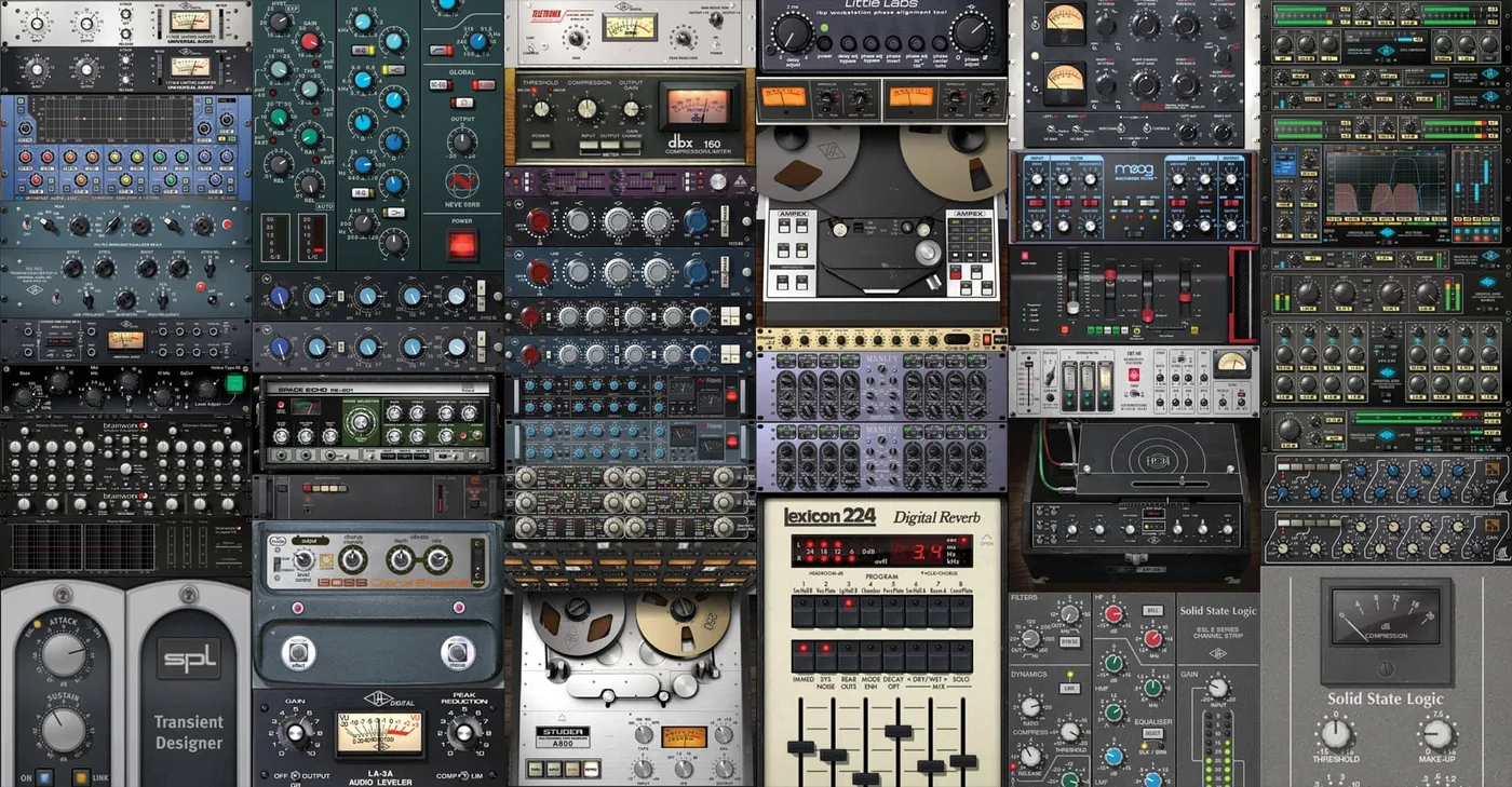 Producer's desk with the the ultimate plugin guide loaded across multiple plugin slots