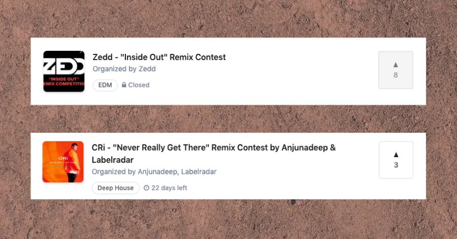 Skio remix competition listing comparing a Zedd contest vs a smaller CRi contest