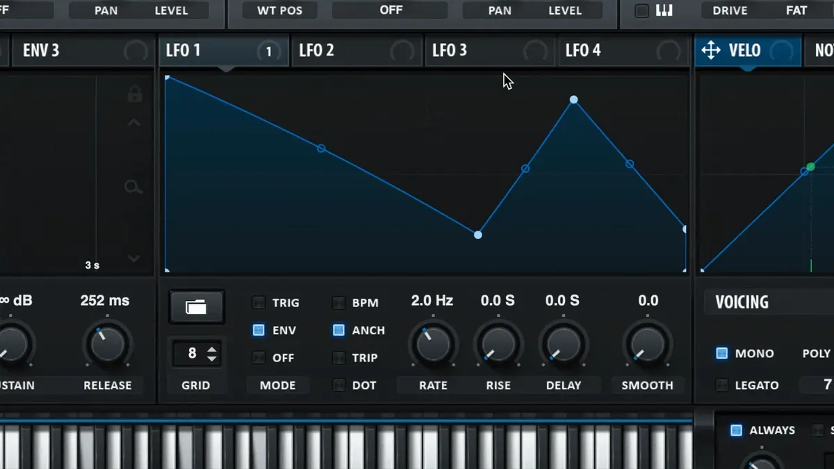 Serum LFO editor in envelope mode with a loop point set showing the grey L marker on the node
