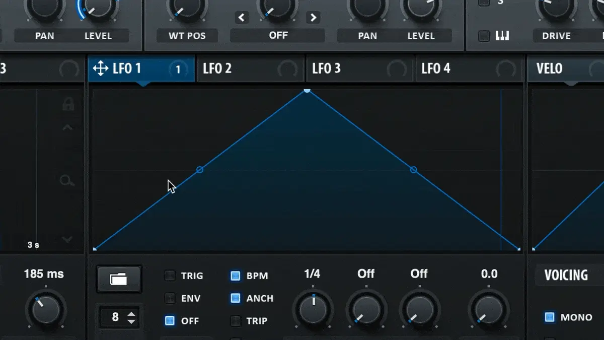 Serum LFO editor with Shift held to flatten curves into a step sequence pattern for arpeggiation