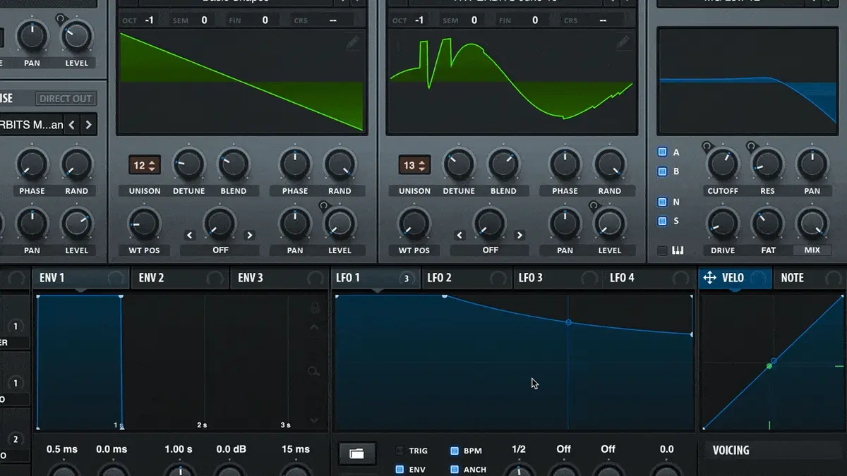 Serum velocity sensitive envelope settings toggled on for more human-feeling patches