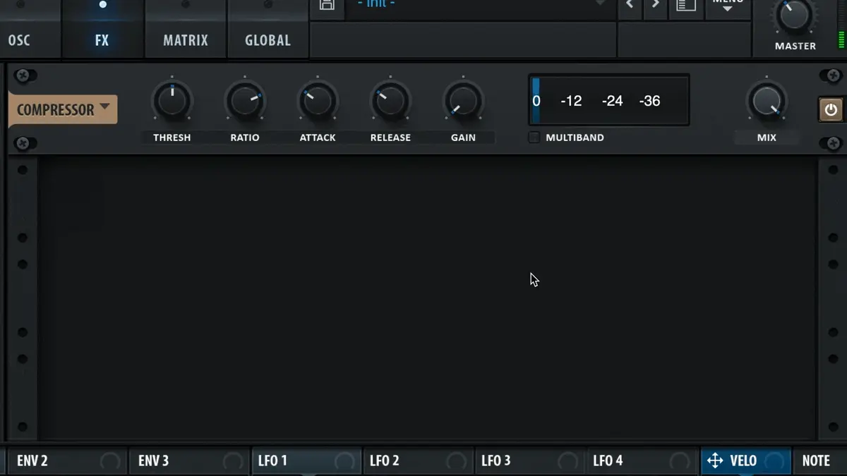 Serum FX panel showing the multiband compressor with three frequency band controls