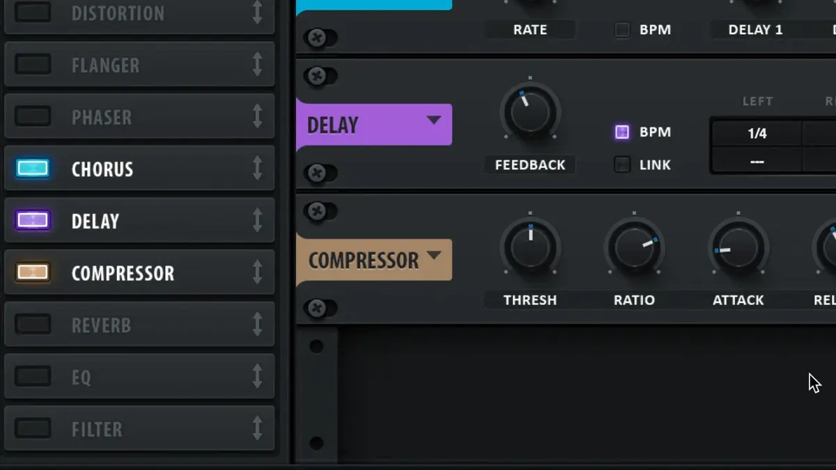 Serum FX chain with effects being reordered by drag-and-drop to change signal routing