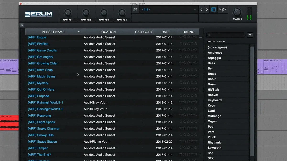 Serum preset browser sidebar open showing categorized presets with star ratings