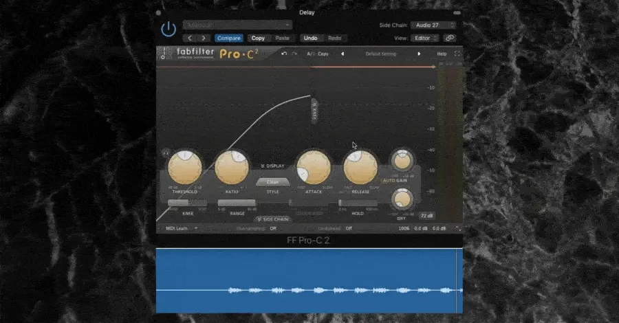 Compressor set to Ext with 10dB gain reduction on reverb send